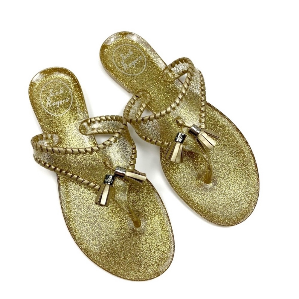 Jack Rogers Alana Gold Metallic Glitter Tassel Detail Whipstitch Trim Sandals 6
